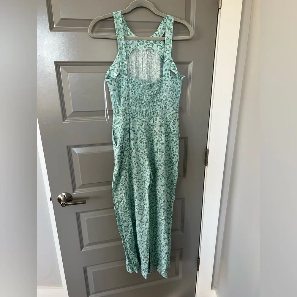 ZARA NECKHOLDER OVERALL LINEN BLEND FLORAL FLOWERS GREEN JUMPSUIT Size XS